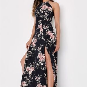 [Lulus] Feel the Music Midnight Blue Floral Print Maxi Dress
